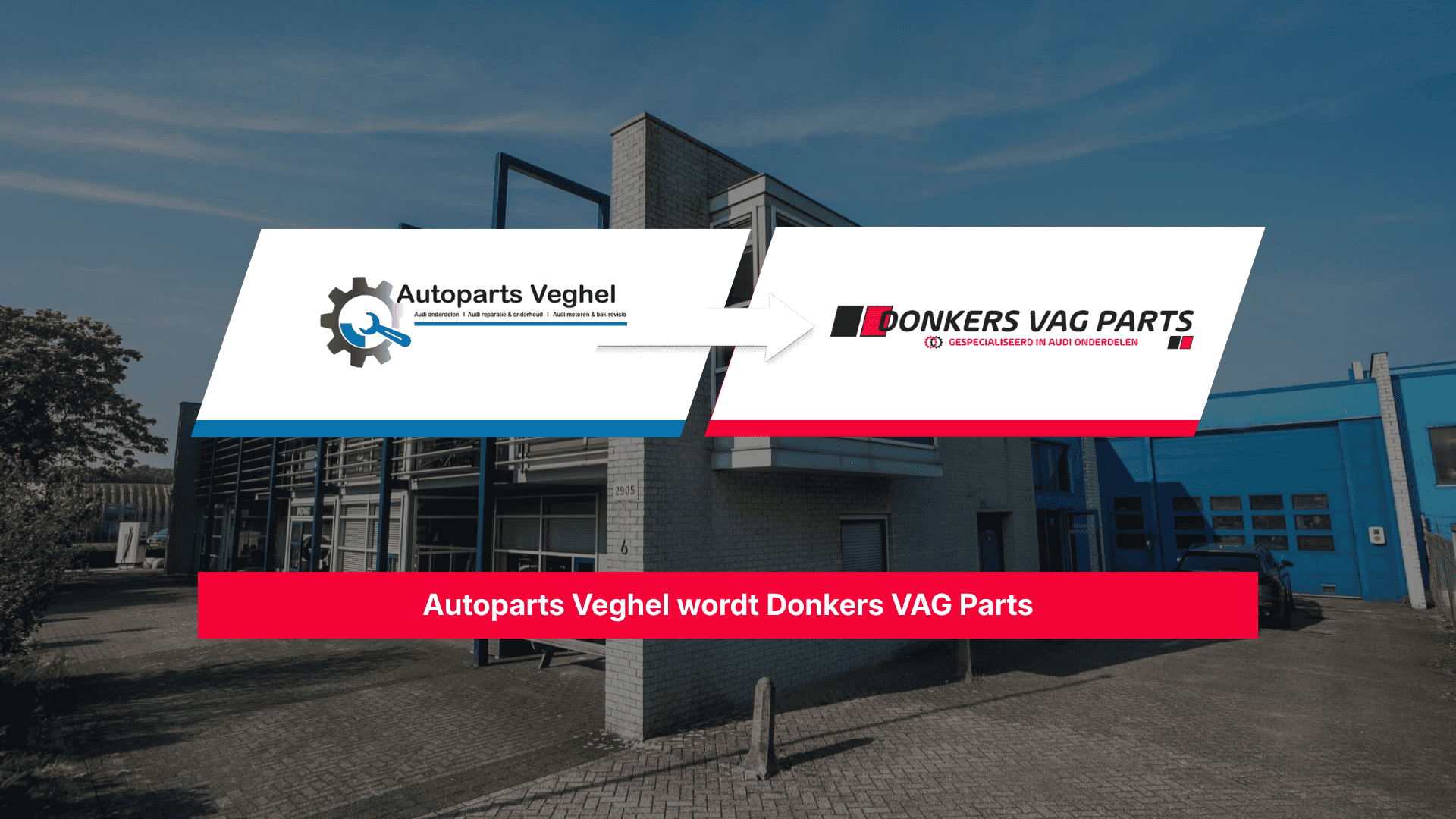 Afbeelding met het oude en nieuwe logo met het bedrijfspand op de achtergrond